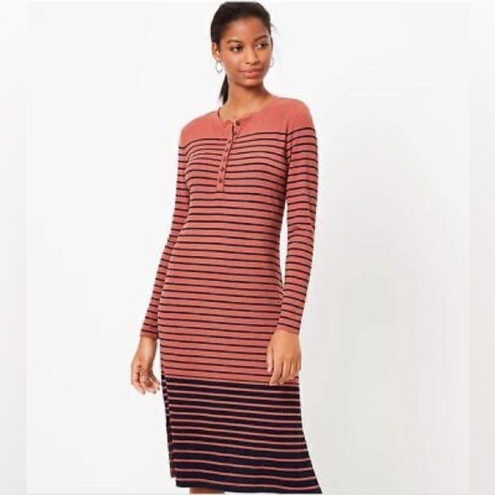 LOFT | Rib Stripe Henley Dress Intense Copper/Navy XS